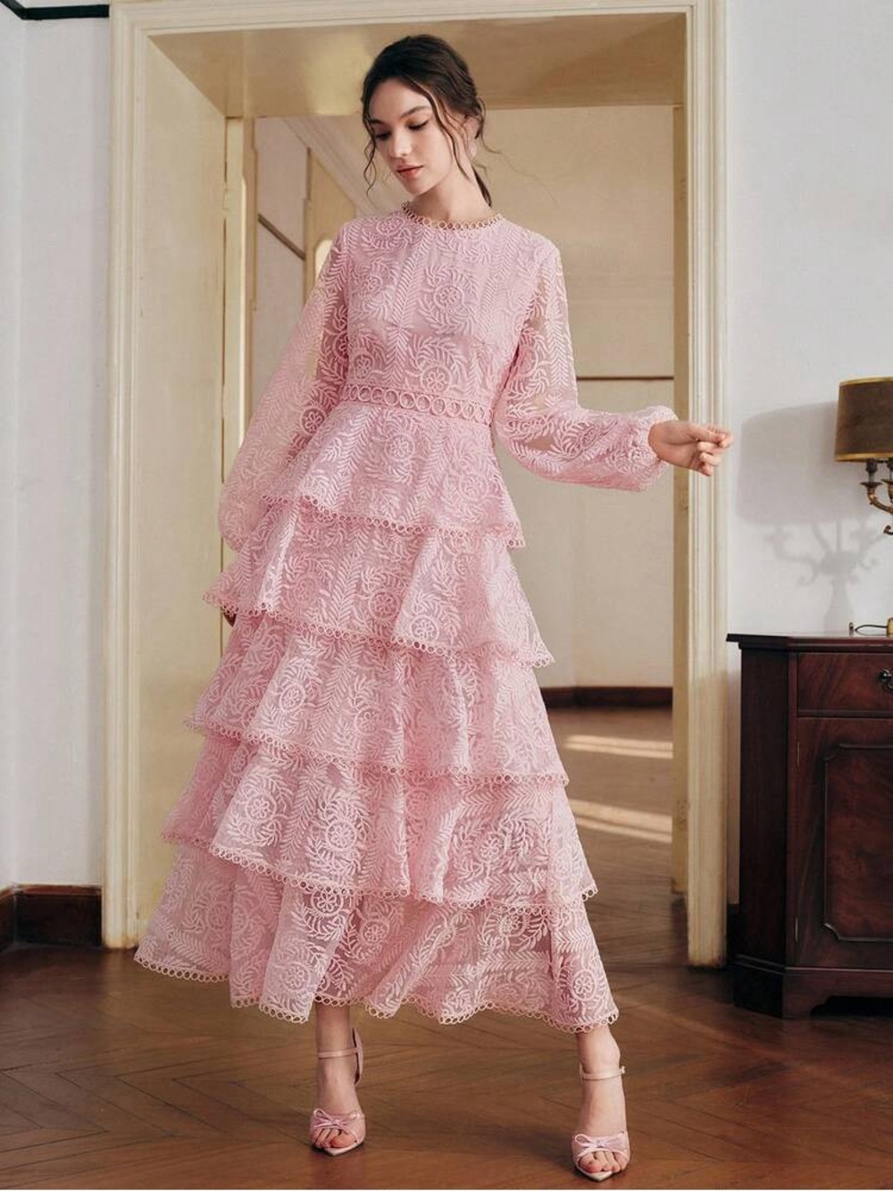 Anewsta Pink Tiered Lace Maxi Dress S